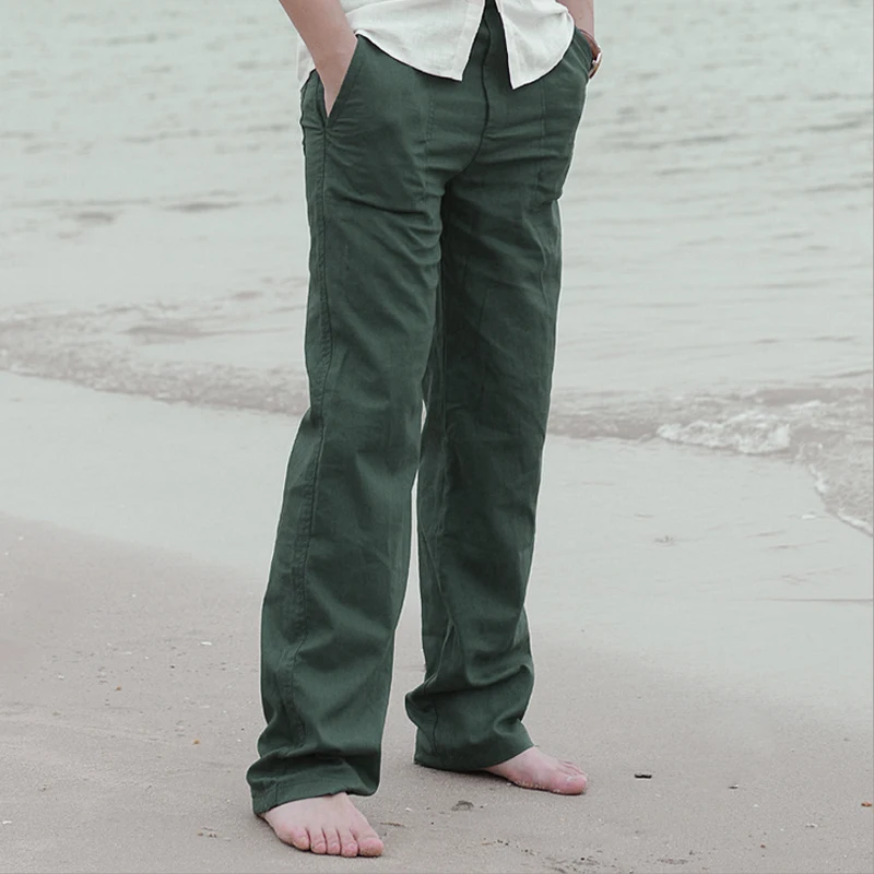 

Summer Spring Men Linen Long Pants Elastic Waist Solid Color Straight Casual Loose Cool Long Trousers Big Size 3XL