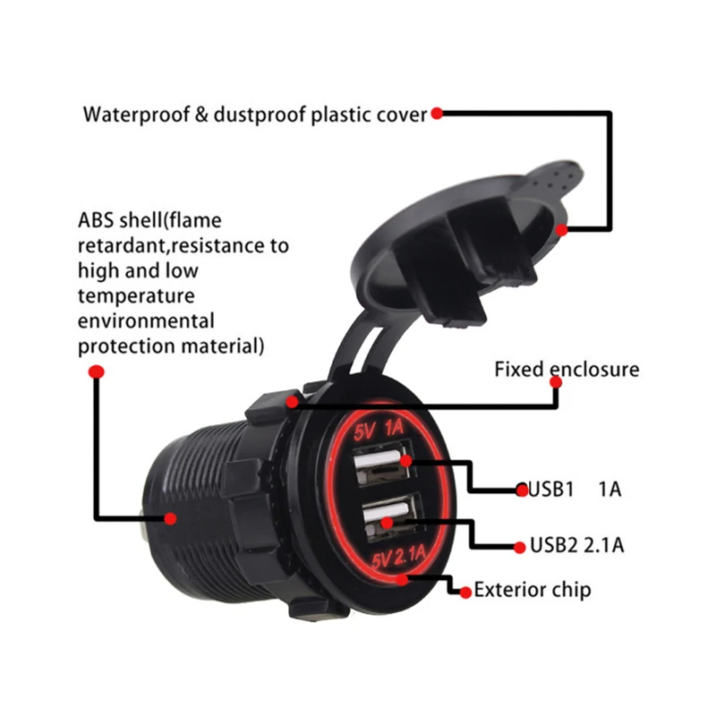 Автомобильное зарядное устройство Rovtop с двумя USB разъемами для мотоциклов