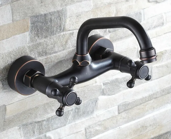 Oil Rubbed Bronze Wall Mounted Dual Cross Handles Swivel Kitchen Bathroom Sink Basin Faucet Mixer Tap anf321