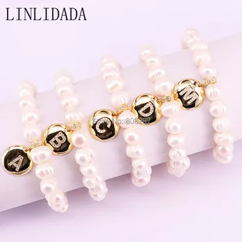 

6Pcs CZ Micro Pave A to Z Letter Bracelets Bangles,Freshwater Pearl Beaded Bracelet Handmade Jewelry
