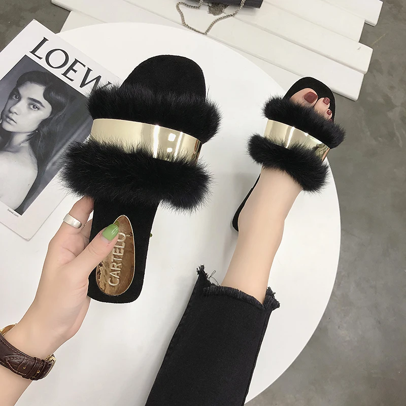 

Women's outer wear wool slippers 2018 autumn new wild soft slippers flat word sandals and slippers soft