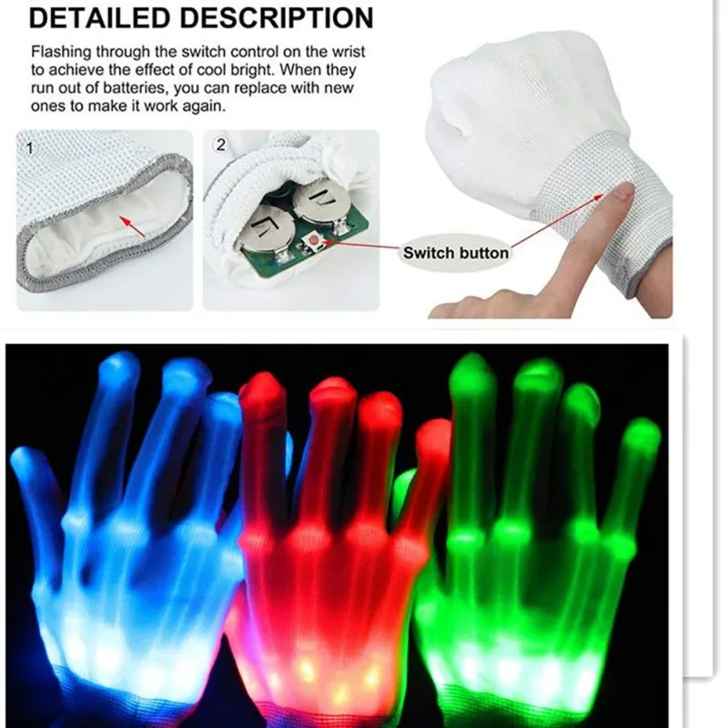 Пара цветные светодиодные перчатки Rave светильник Finger светильник ing мигающие перчатки унисекс скелетная перчатка