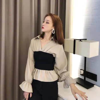 

Chic Women's Blouse Retro Women's Shirt Patchwork Ruffles Top Female Flare Sleeve Chemise Femme Ladies Tops Camisas Mujer