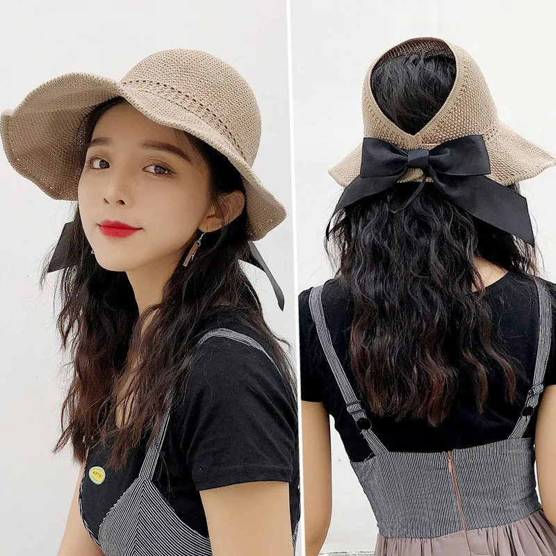

Wide Brim Empty Top Hat Female Summer Cap Top Visor with Bow Beach Travel UV Protection Sun Hats for Women Gilrs Caps Sunhat