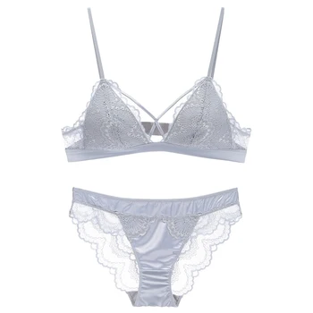 

Sexy Lingerie Bralette Set Women 2018 small cotton cup Hollow Out Lace deep-v neck transparent sleep Underwear Bra and panty Set