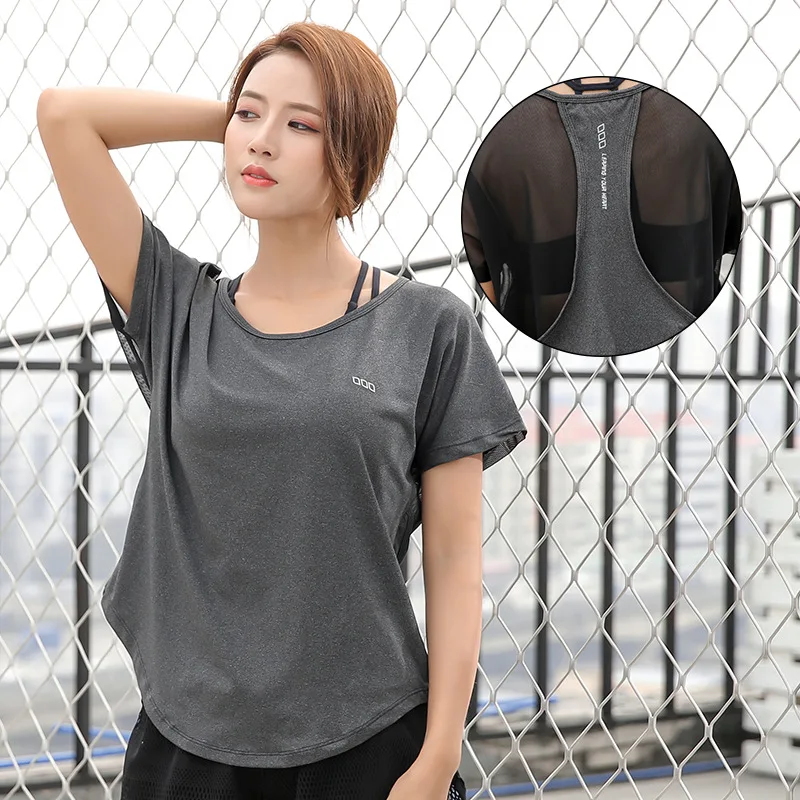 

New round neck sexy tennis gauze sports fitness, female short sleeved fast drying, air permeability, thin Yoga T-shirt