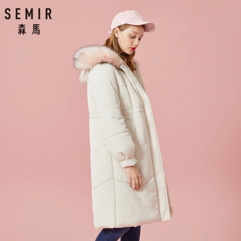 Tanie SEMIR damski wyściełany płaszcz z kapturem z odpinanym Faux wykończone futrem z kapturem ocieplana kurtka ze skośnymi kieszeniami Zip i zapięcie na zatrzask