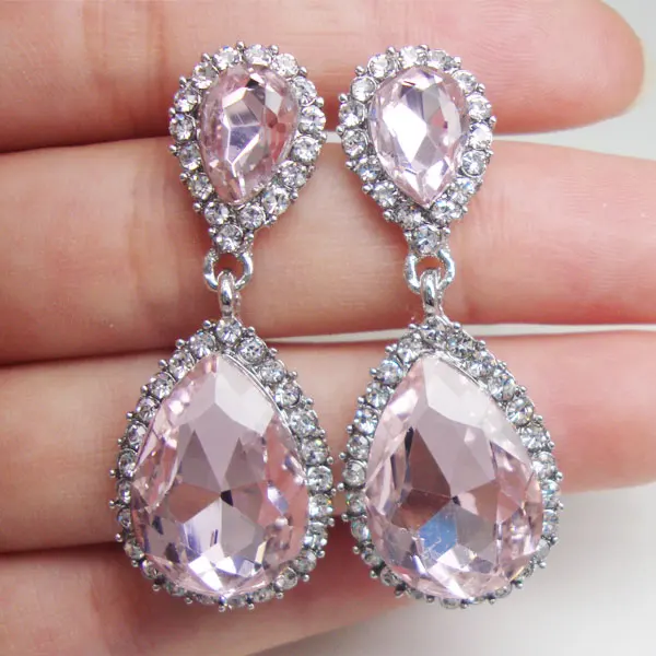 

Charming Bride Teardrop Earrings Pierced Dangle Pink Rhinestone Crystal