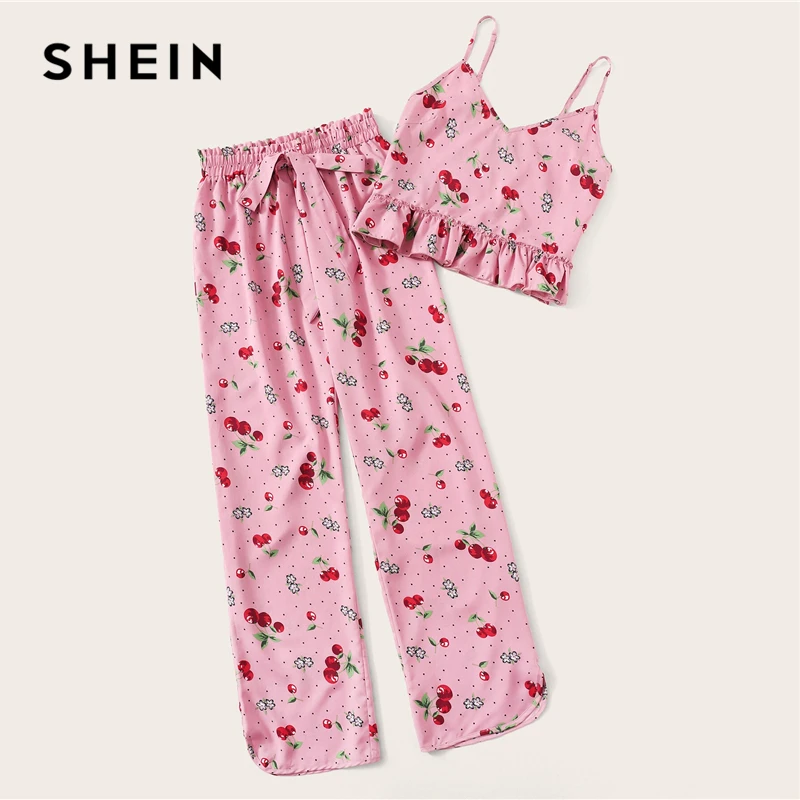 SHEIN розовый топ на бретельках с принтом вишни и бумажный мешок, длинные штаны, женские пижамные комплекты, летний Повседневный пижамный комплект без рукавов