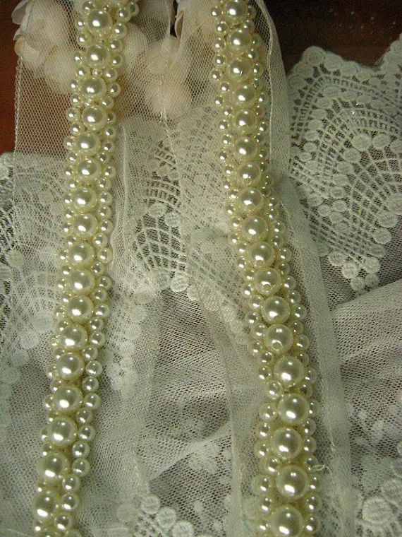 Buy 1 yard pearl beaded trim, pearl lace trim, top