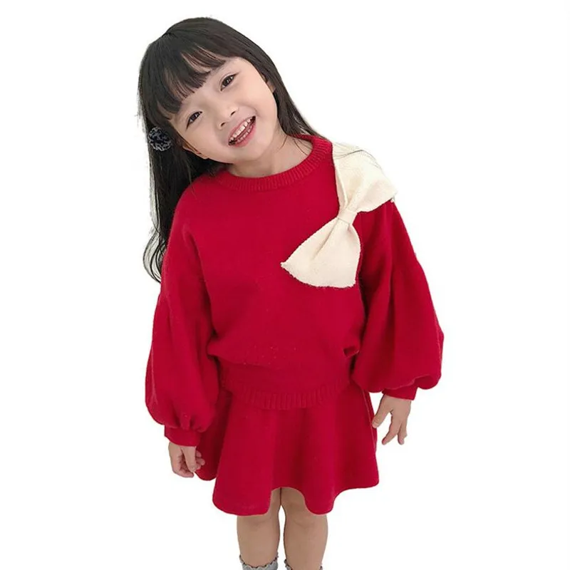 

DFXD 2018 Autumn Winter Teen Girls Clothing Set Fashion Lantern Sleeve Big Bowknot Princess Knitted Sweater+Pleated Skirt Set