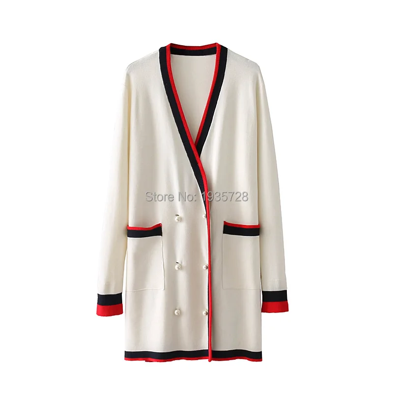 Printemps Garniture Col Veste Manches Tops Avant 2018 Breasted Tricot Longues V À Perle noir Double Tricoté Up Long Beige Contrastante Boutons Femme dX6qY