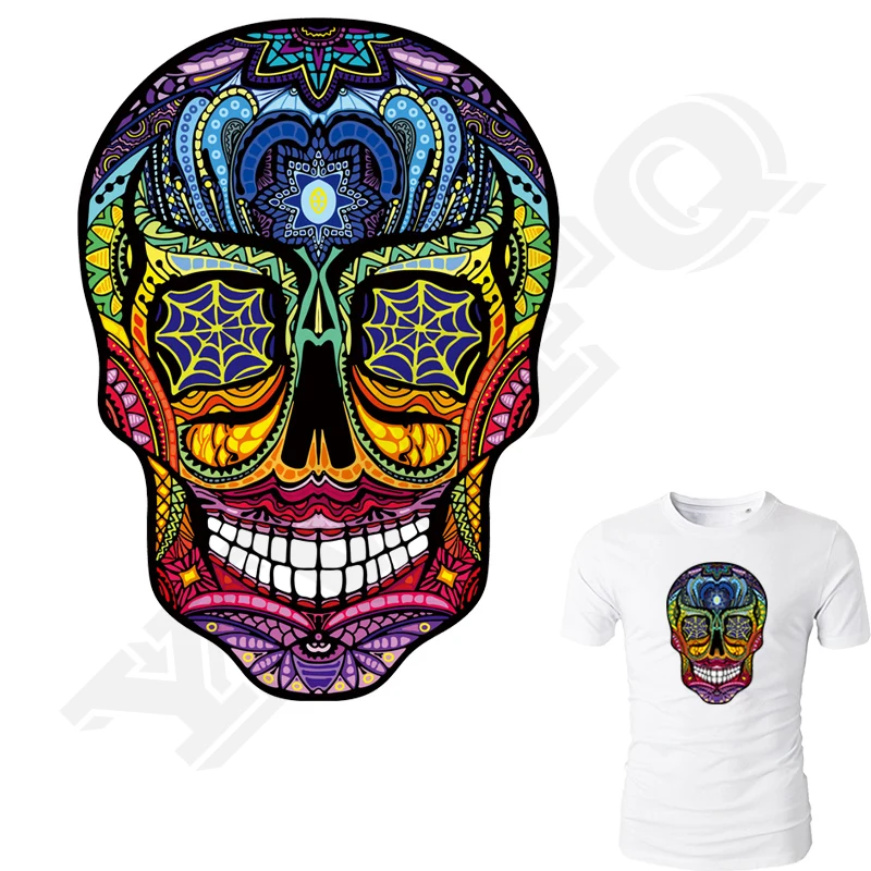 

Tattoo Skull Patches Colorful T-Shirt Diy Decoration 2018 New Parches Ropa A-Level Washable Heat Transfers For Clothing