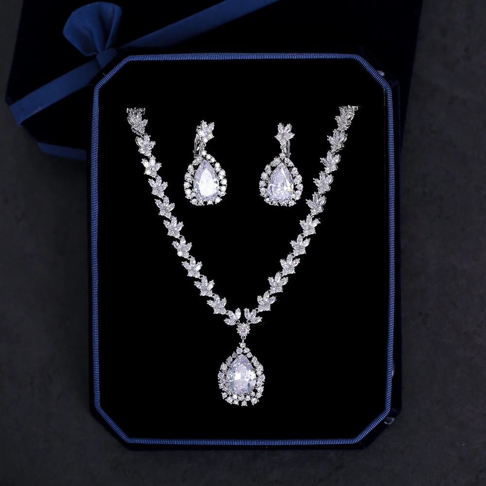 

2pcs/set Cubic Zirconia Jewelry Sets AAA Clear Zircon Stone Pendant Necklace Wedding Bridal Dangle Earrings Women Jewellery Gift