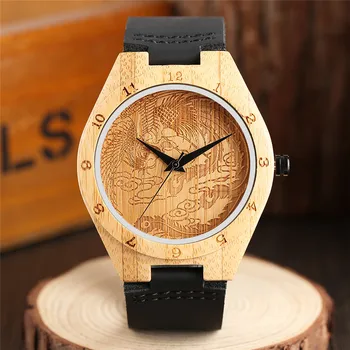 

Handmade Engraving Phoenix Face Bamboo Wood Watch Casual Carving Numbers Mens Genuine Leather Sports Clock Gifts Reloj de madera