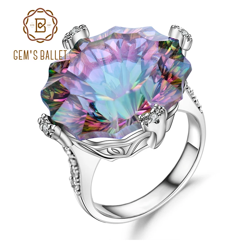 

GEM'S BALLET Natura Rainbow Mystic Quartz Cocktail Ring 925 Sterling Silver Irregular Gemstone Rings Fine Jewelry for Women