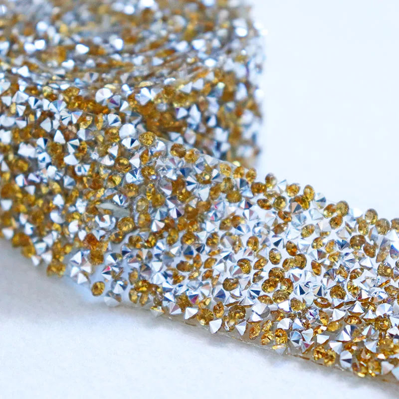 

3cm Gold Beaded Rhinestons Trim Iron On Diamond Crystal Ribbon Wrap Dress Trim Sewing Accessories DIY Wedding Party Decorations