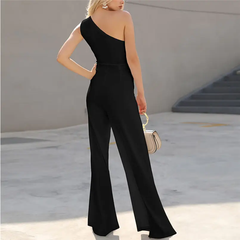  New Summer Women Fit Slim Solid High Waist Lace Up Sexy Off Shoulder Flare Jumpsuits Fashion Holiday Elegant  Jumpsuit #4R07  (7)