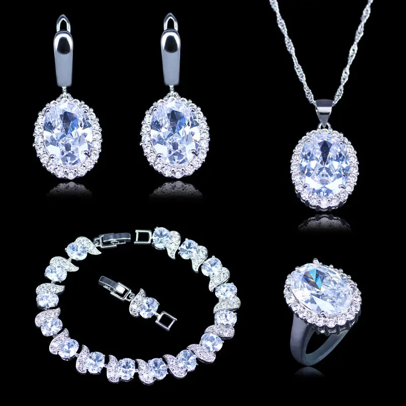 4 Piece 925 Stamp Silver Color Cubic Zirconia Jewelry Sets For Women Big White Crystal Bracelets Pendant Necklace Earrings Ring | Украшения