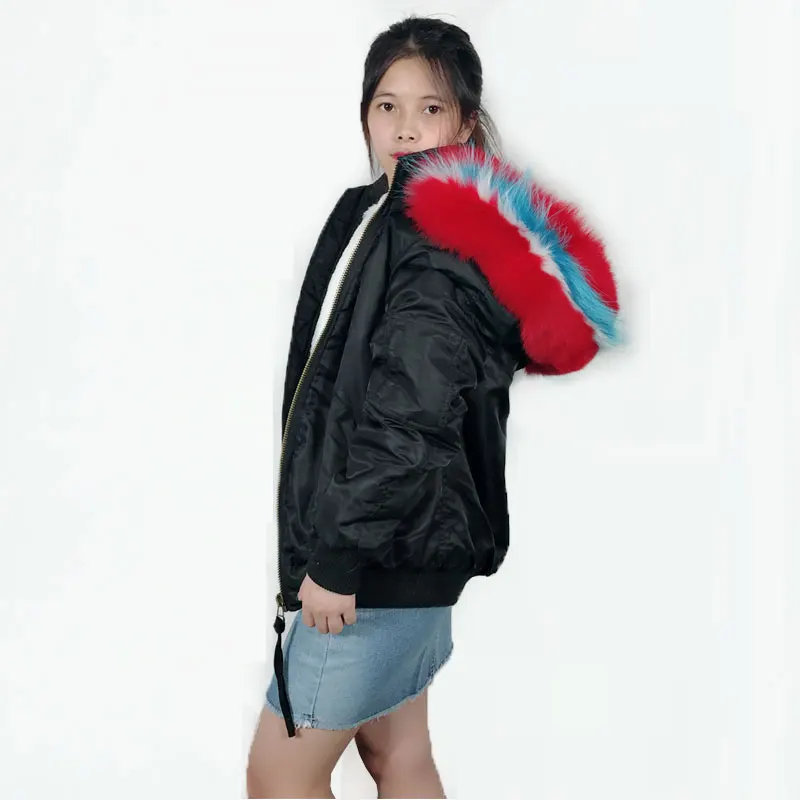 Winter New Black Bomber Jacket with white artificial fur inside removable hooded raccoon fur collar Bombers Winter New Black Bomber Jacket with white artificial fur inside removable hooded raccoon fur collar Bombers