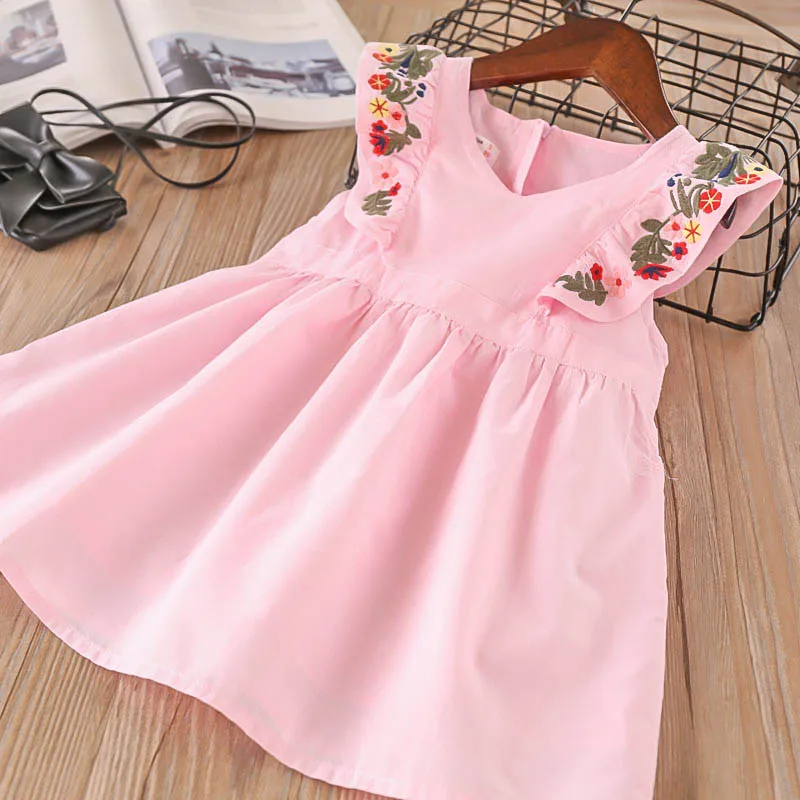 

Hurave embroidery A-line dress ruffles Sleeve v-neck dress causal solid Baby Girls Clothes cotton infant Children dresses