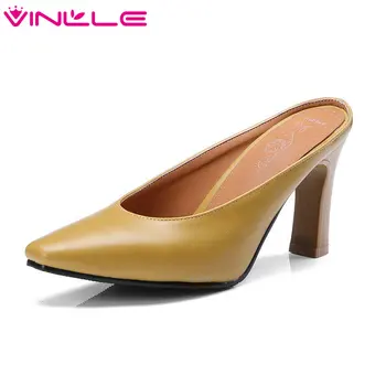 

VINLLE 2020 Elegant Summer Shoes Women PU Leather Square High Heel Pointed Toe Slip On Ladies Wedding Pumps Size 34-43