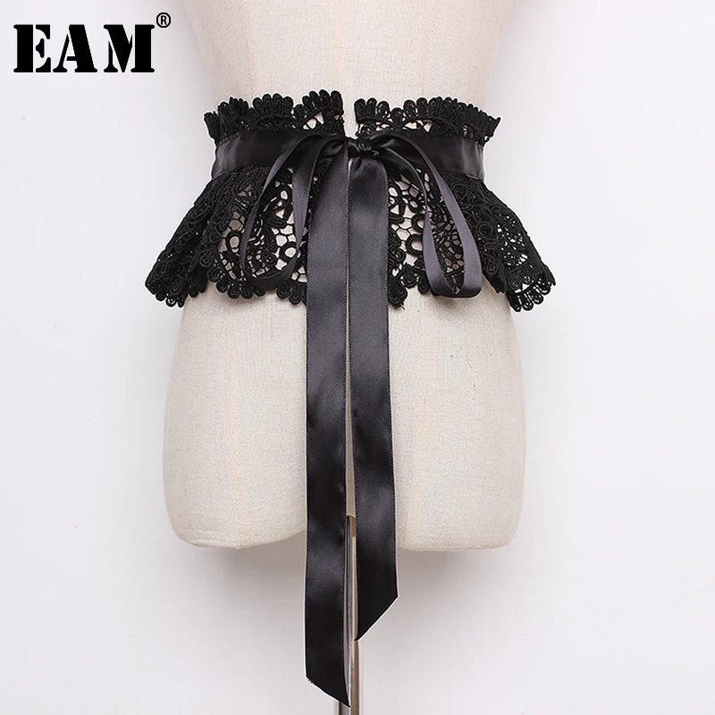 

[EAM] Bow Bandge Hollow Out Lace Spliced Wide Belt Personality Women New Fashion Tide All-match Autumn Winter 2019 JQ833