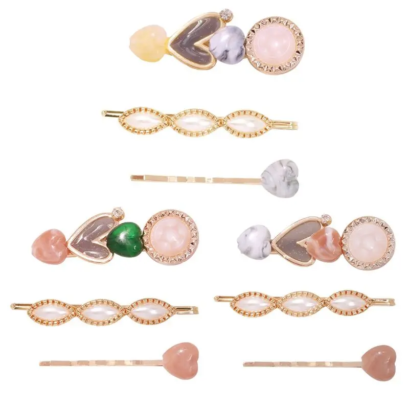 

3Pcs/Set Women Fresh Style Alloy Hairpin Candy Color Resin Heart Stone Hair Clip Faux Pearl Jewelry Side Bangs Hair Accessories