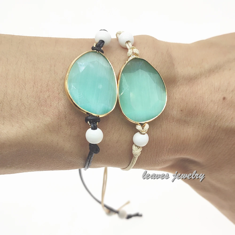 

simple Handmade Woven green cat's eye Ocean Natural Gilded Stone Charm Women Leather Bracelet Boho Wrap Bracelet dropshipping