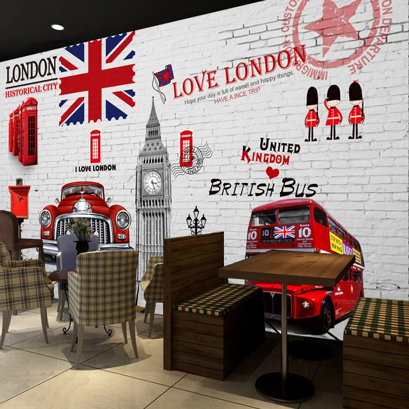 Пользовательские размеры фото 3D Лондон Ретро Фреска бар коробка кафе КТВ фон стены чай Ресторан Обои фреска кирпичные обои 3d