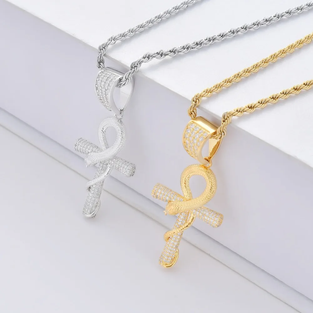 Men Hip hop iced out Egypt Ankh cross with snake pendant necklaces AAA Zircon male fashion pendants necklace Hiphop jewelry