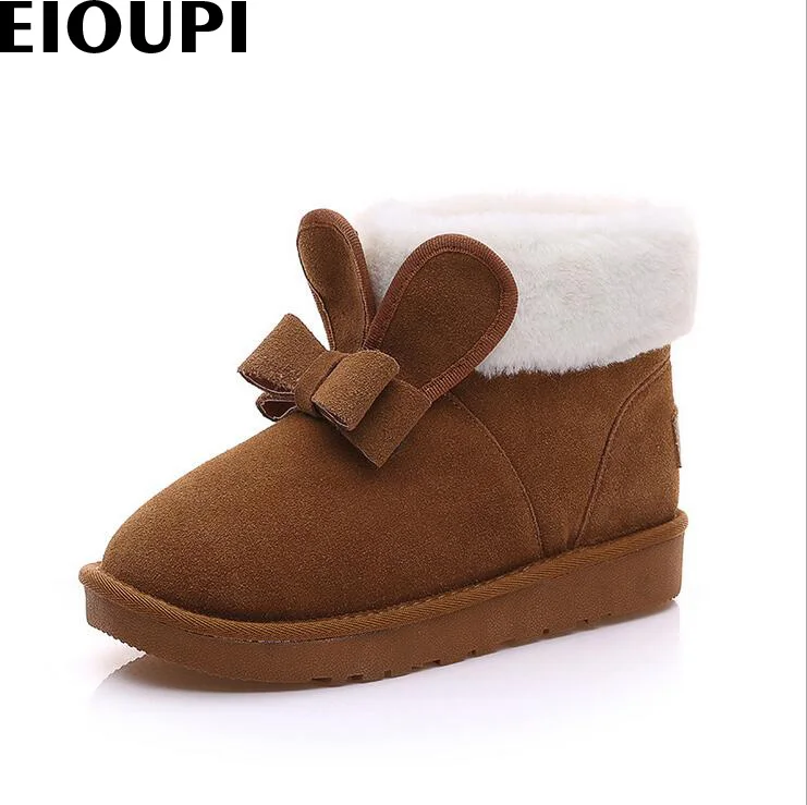 EIOUPI/теплые зимние ботинки из натуральной коровьей кожи; женские повседневные Модные швейные нитки; ботильоны на плоской подошве с бантом-бабочкой; ohz8033