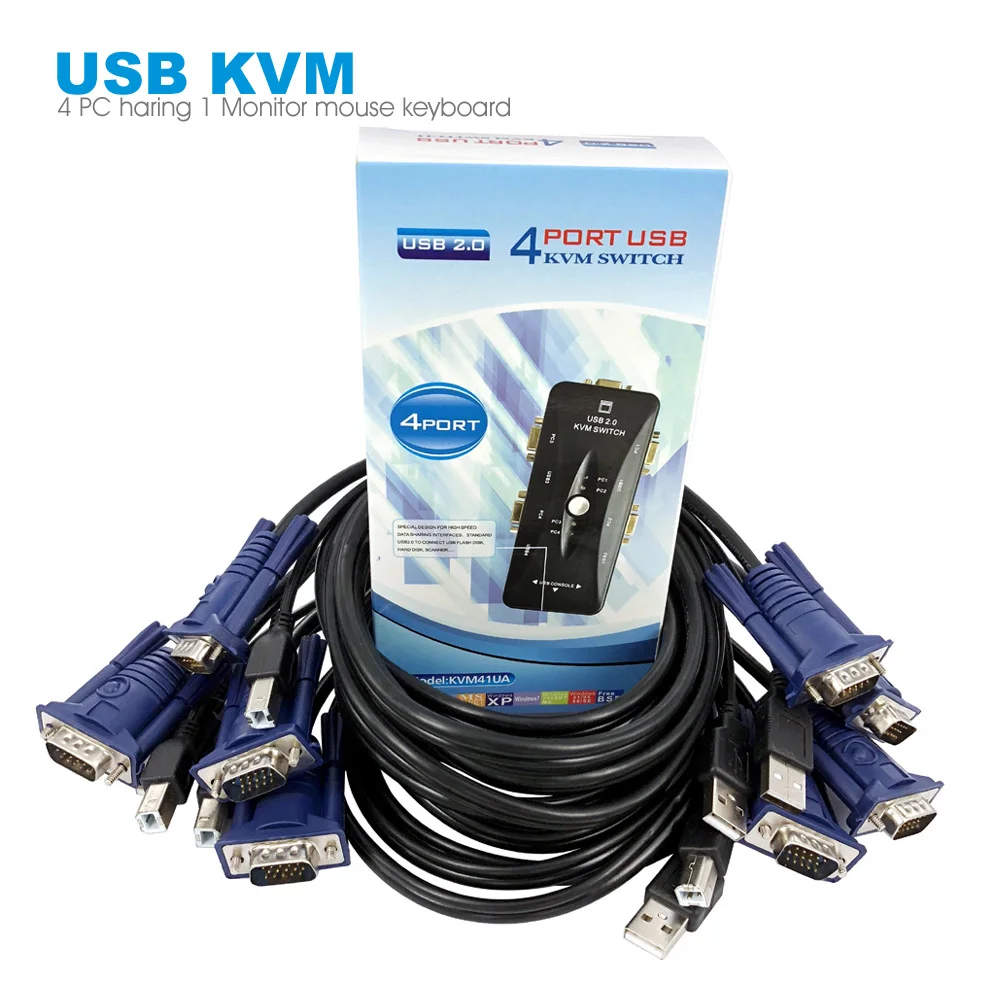 4 Порты и разъёмы USB KVM Switch USB2.0 VGA/SVGA PC Обмен монитор переключателя 1 компл. клавиатура Мышь Управление 4 компьютеры инструмент с кабелем