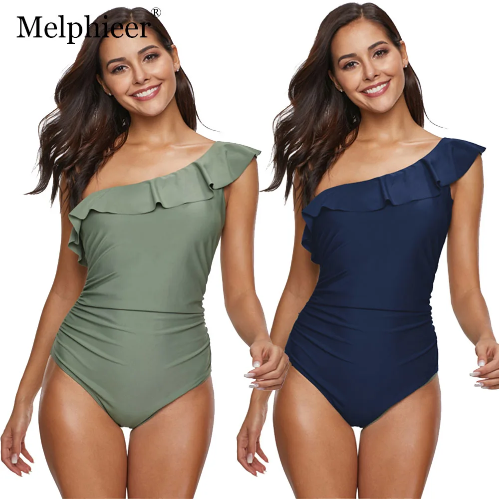 

One Piece Swimsuit Plus Size Bathing Suits Push Up One Shoulder Swimsuit Women Monokini Green Ruffle Swimwear Maillot De Bain