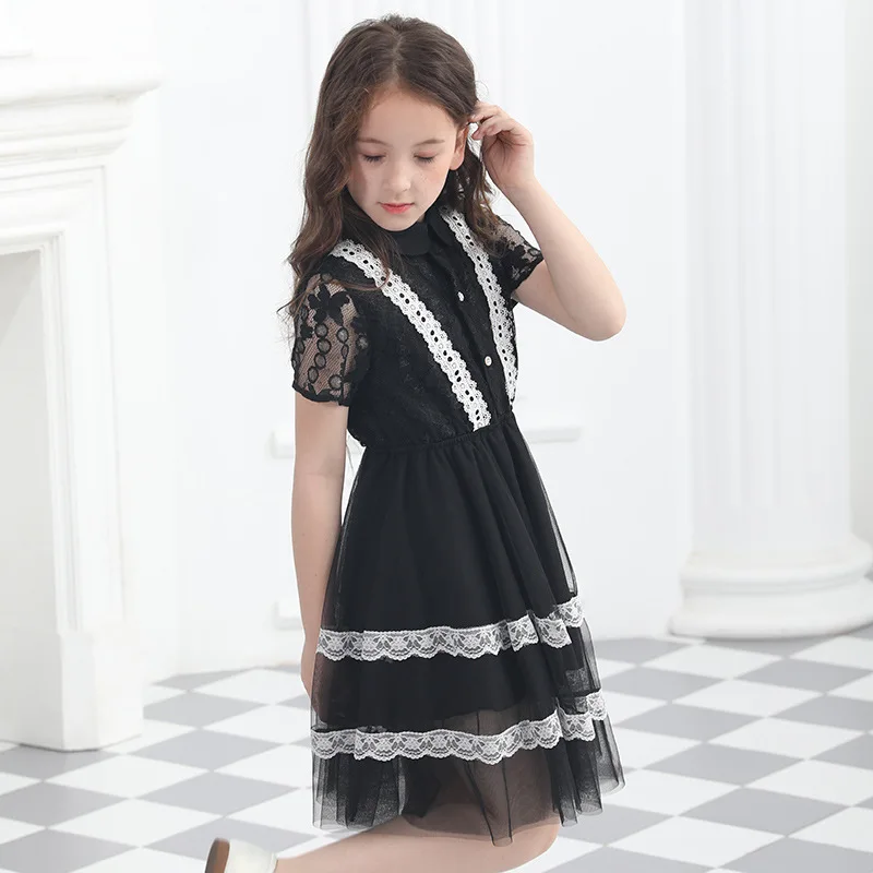Летнее черное Сетчатое платье для больших девочек, шифоновые свободные платья принцессы, лоскутные платья с отложным воротником, костюм для подростков