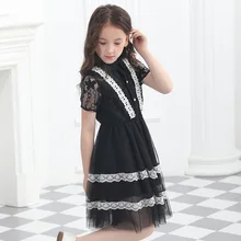 Летнее черное Сетчатое платье для больших девочек, шифоновые свободные платья принцессы, лоскутные платья с отложным воротником, костюм для подростков