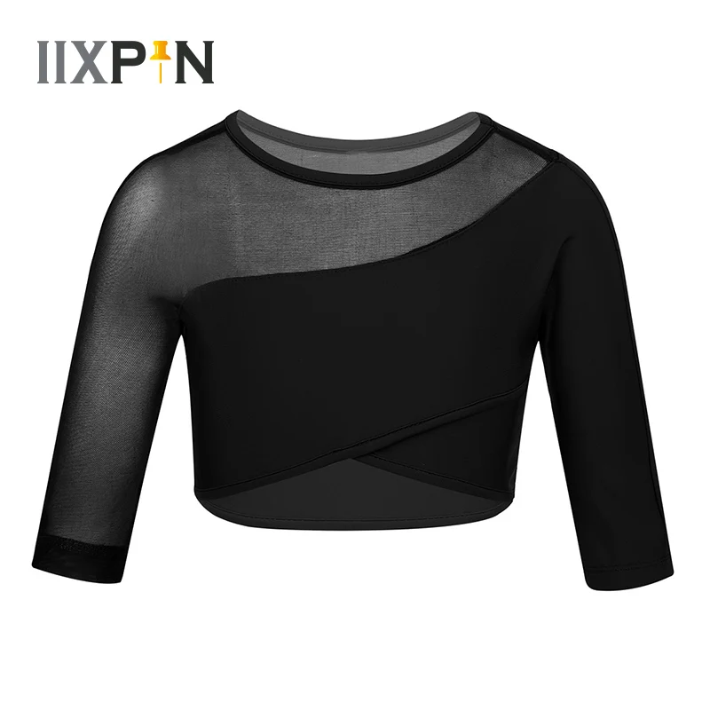 

Girls 3/4 Sleeves Asymmetrical Dance Crop Top for Ballet Dance Stage Performance Workout Tops Crop Top Kids Girl Ballet Leotards