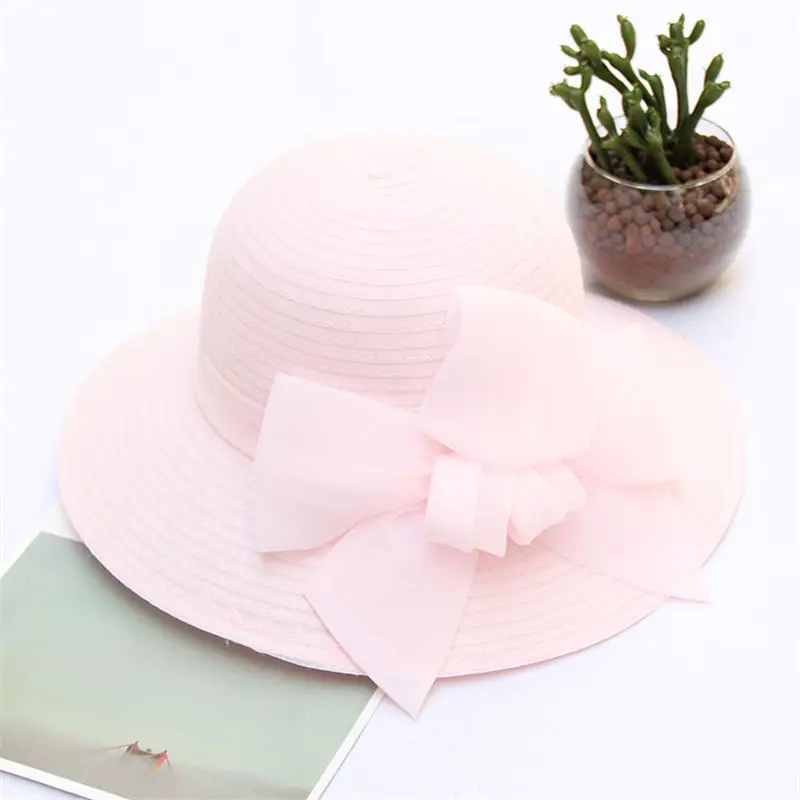 Kajeer шляпа от солнца с широкими полями и однотонным бантом для женщин, летняя пляжная кепка с цветочным принтом, женские вечерние кепки, регулируемые Свадебные шляпы - Цвет: pink