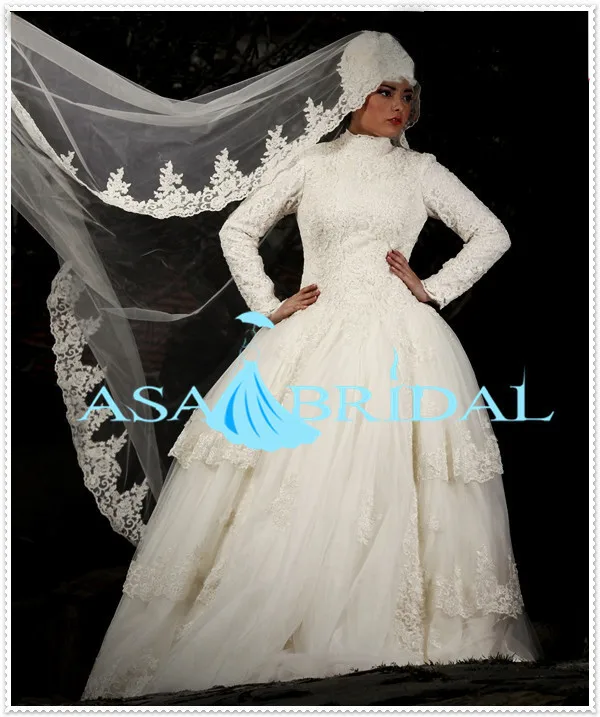 2016 Ball Gown Newest white Arabic Lace long sleeve Gelinlik Turkish Muslim font b hijab b