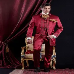 2017 последние Дизайн красный Для мужчин костюмы (куртка + брюки + жилет + галстук + носовые платки) вышитые Новый Terno Masculino заказ раздвоенным
