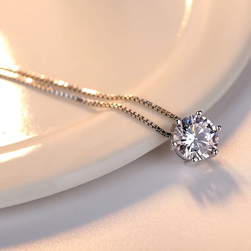Qevila Fashion Necklaces Plate S925 Six Prongs AAAAA Zircon Pendant Necklace Silver Chain Choker Necklace for Women Jewelry Gift (7)