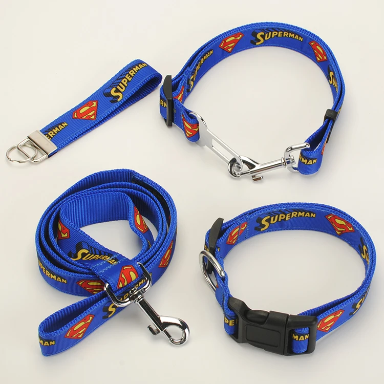 

New single sell Dog Leash, Dog Collar, Safety Belt,Key Fob ,1 inch blue superman pattern printed ribbon