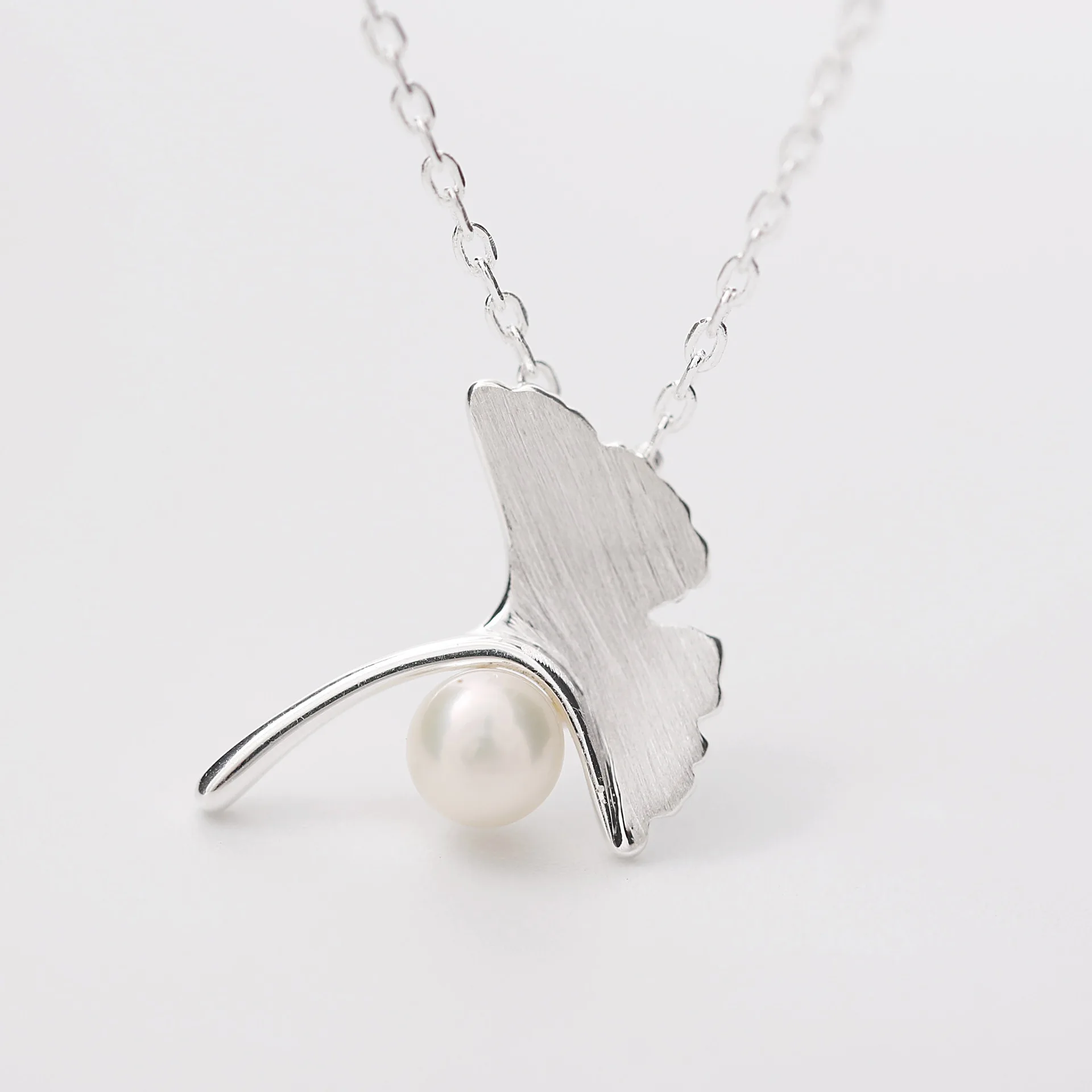silver Ginkgo Leaf pearl necklace jewelry 100% 925 Sterling silver pendants  women girl