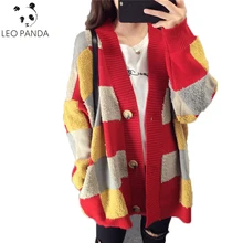 Осень высокое качество женские решетчатым принтом однобортный Повседневное Длинные рукава v-образным вырезом свитер вязаный иглы Женский свитер C 431