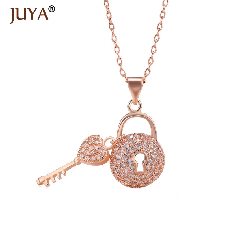 fashion statement necklaces for women Luxury Jewelry Copper Zircon Rhinestone Key Pendants Necklace Silver Femme - Metal Color: rose gold