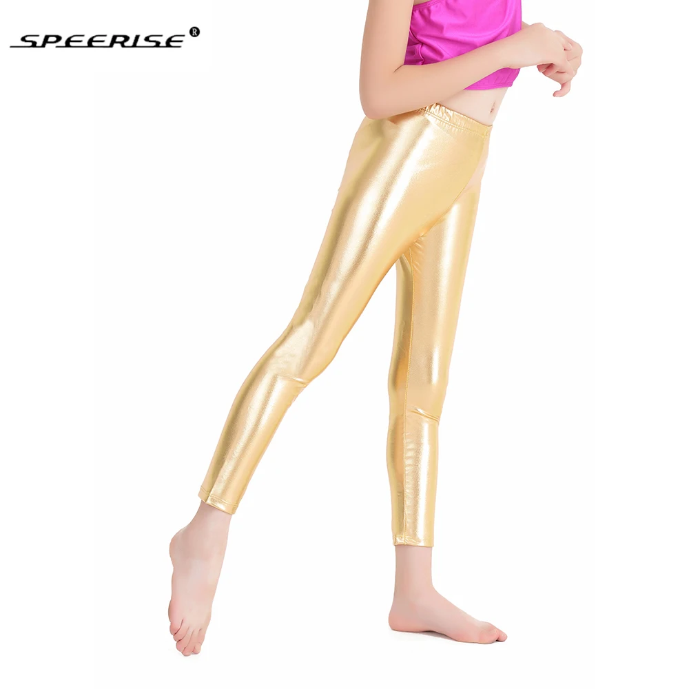 SPEERISE Children Ankle-length Pants Gold Girls Shiny Metallic Lycra Spandex Dance Ballet Silver Leggings Free Shipping