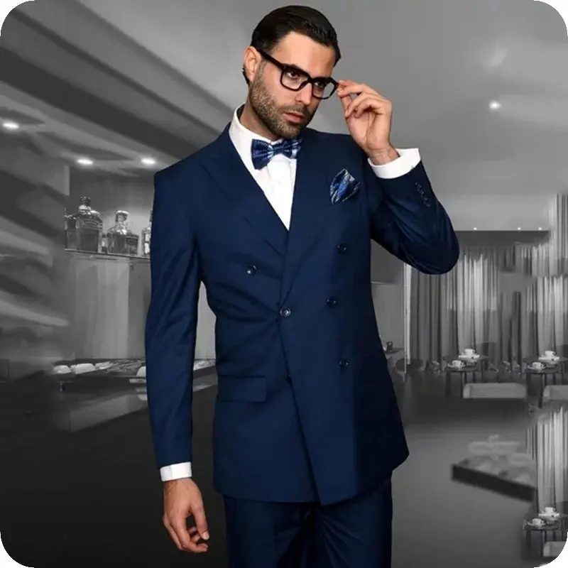 Navy Blue Men's Classic Suits Groom Wedding Tuxedo Double Breasted Custom Made Man Blazer 2Piece Coat Pants Costume Homme Ternos