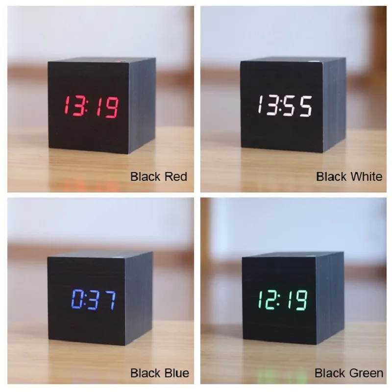 

LED Alarm Clock Wooden Digital Desk Clocks Thermometer Display Voice Sound Activated Wake Up Light USB/AAA