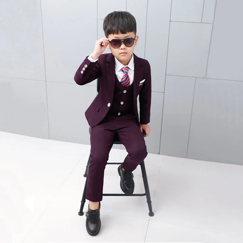 Kids Formal Suit Wedding Birthday Party Dress Flowers Boys Blazer Vest Pants 3pcs Tuxedo Children Prom Performance Costume L12