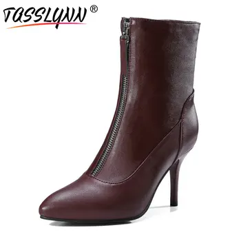 

TASSLYNN 2019 Women Autumn Boots Sexy Thin High Heels PU Zipperl Mid-calf Boots Elegant Party Pointed Toe Shoes Women Size 34-43